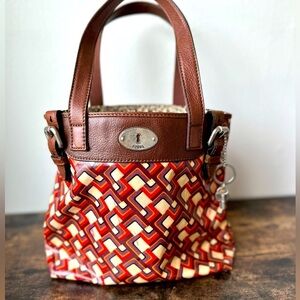 Fossil Key-Per Purse Shoulder Bag Tote Coated Canvas Orange Browns Creams